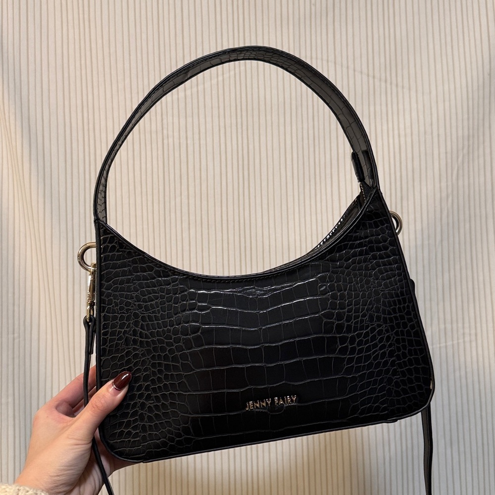 Jenny Fairy Black Croc-Embossed Shoulder Bag